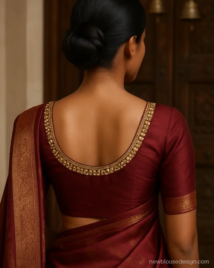 Stone work blouse design back in maroon silk with kundan border on U gala