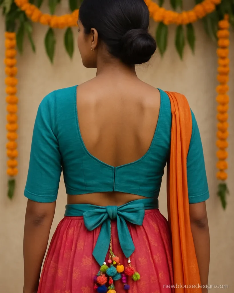 Turquoise choli back with large bow dori and pom-pom latkans