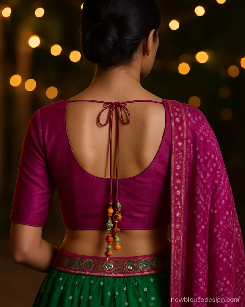 Magenta choli with open back, waist strap and long dori with latkans
