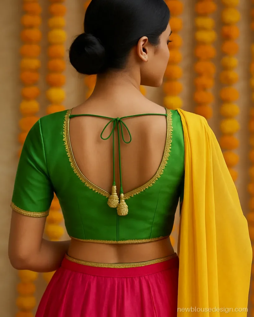 Green silk chaniya choli blouse back with paan shape and gota lace