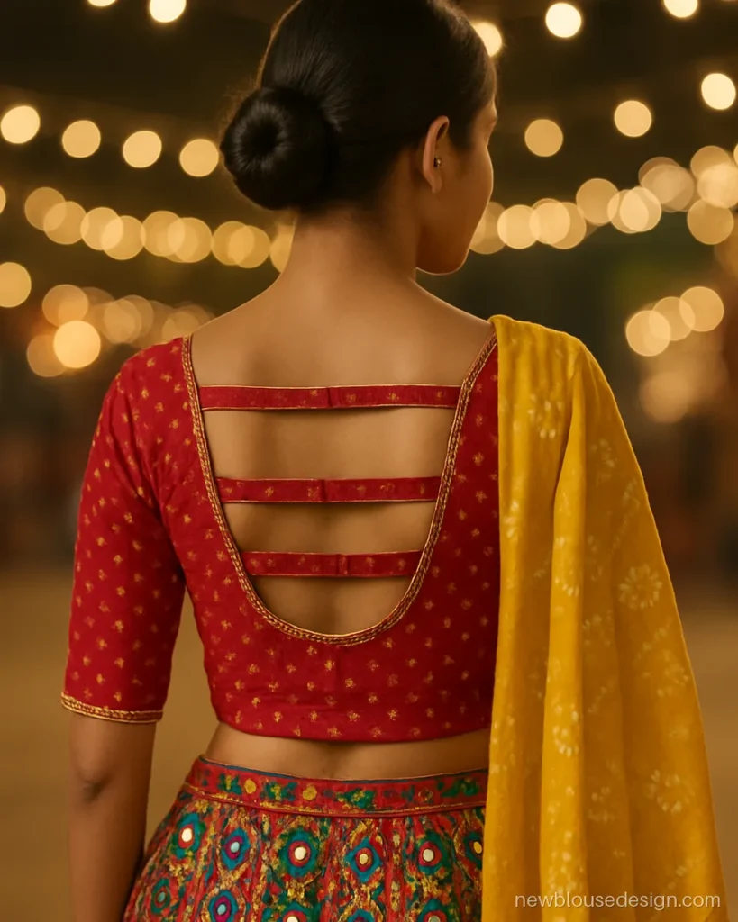 Red bandhani chaniya choli blouse back with three horizontal straps and hooks