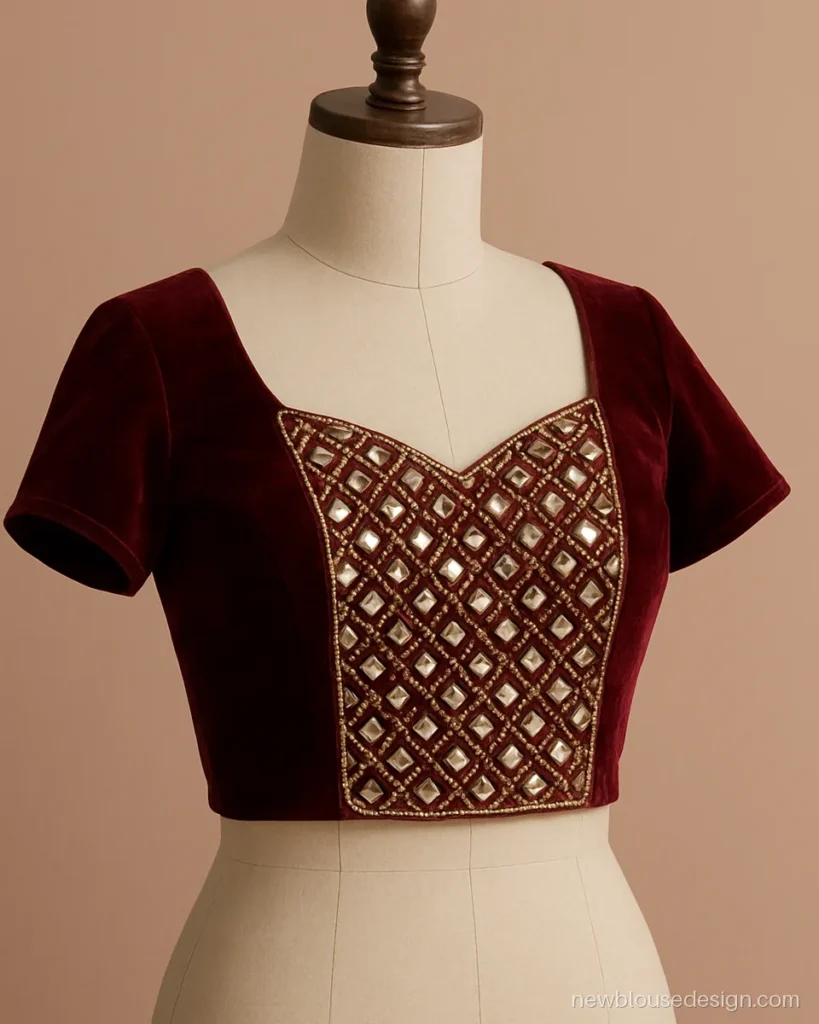 Maroon velvet choli front with abla mirror work and sweetheart neck