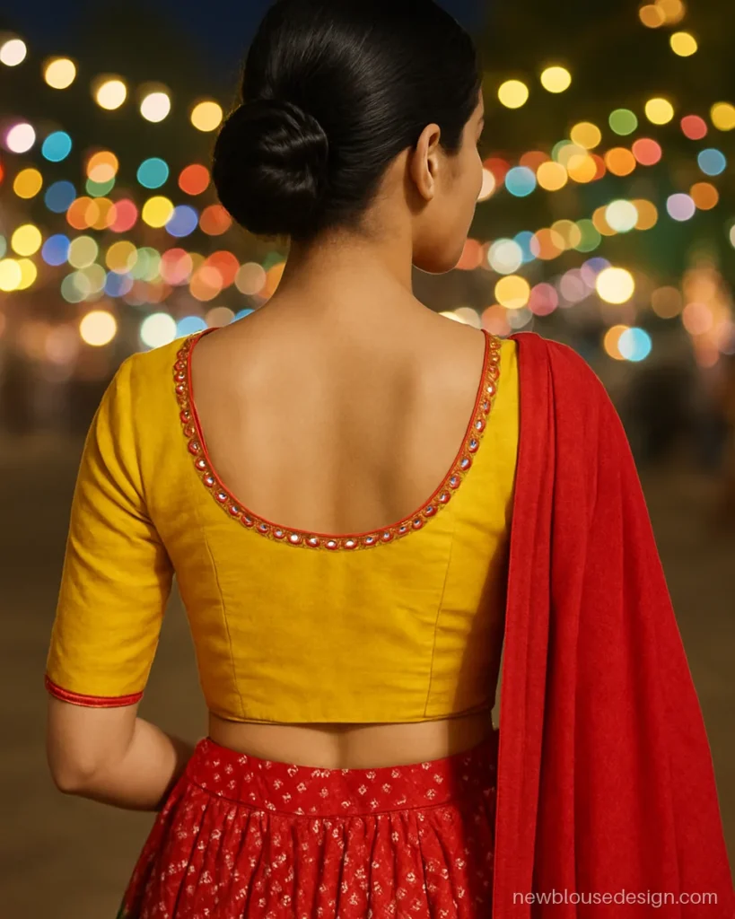 Yellow choli back with mirror border around a deep round neck
