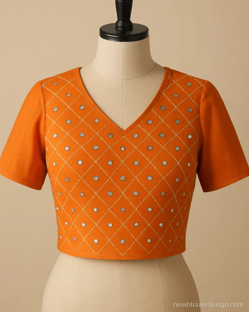 Orange cotton choli front with all over round mirror work and V neck