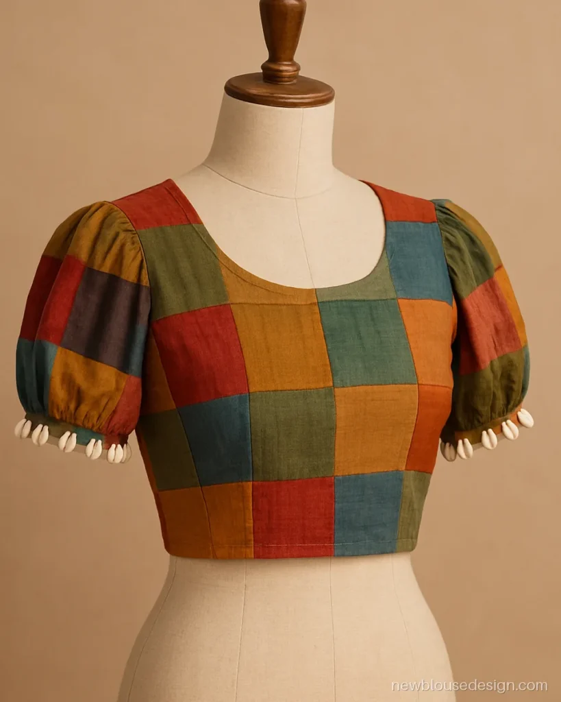 Multicolour patchwork choli with short puff sleeves and kodi trims