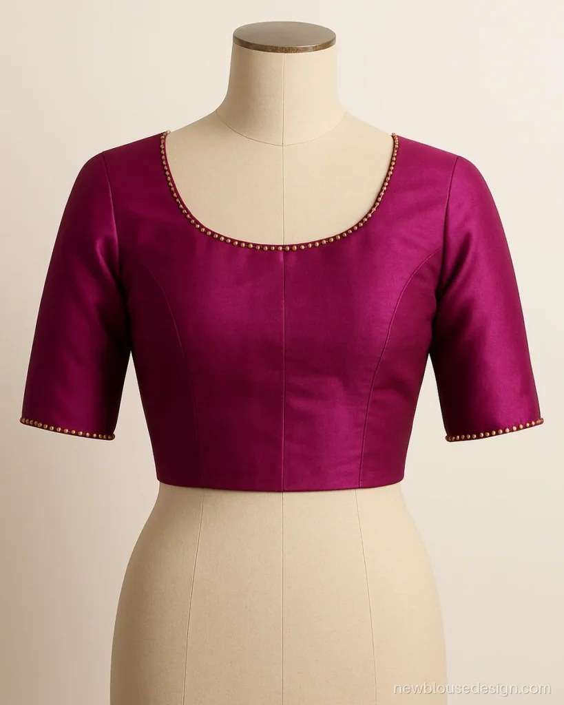 Magenta silk blouse front with round neck trimmed in small gold ball beads
