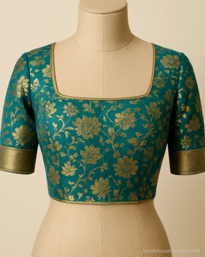 Teal Banarasi brocade blouse front with square neck and zari edging