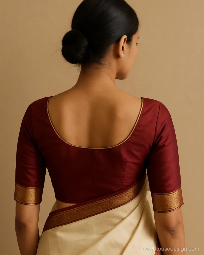 Wine silk blouse with wide boat back neck and gold border along the edge