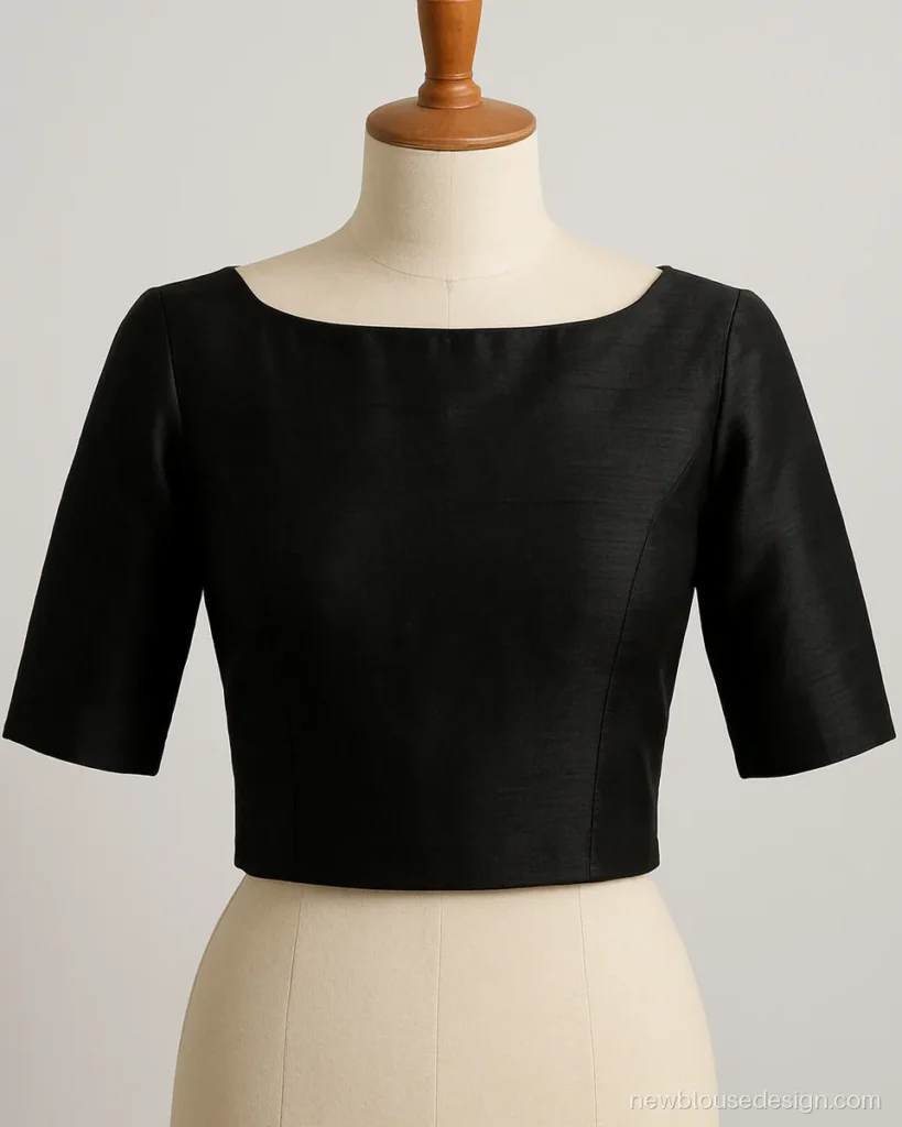 Black raw silk boat neck blouse front with straight wide neckline and elbow sleeves