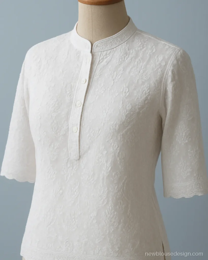 White cotton chikankari blouse with Chinese band collar and front buttons