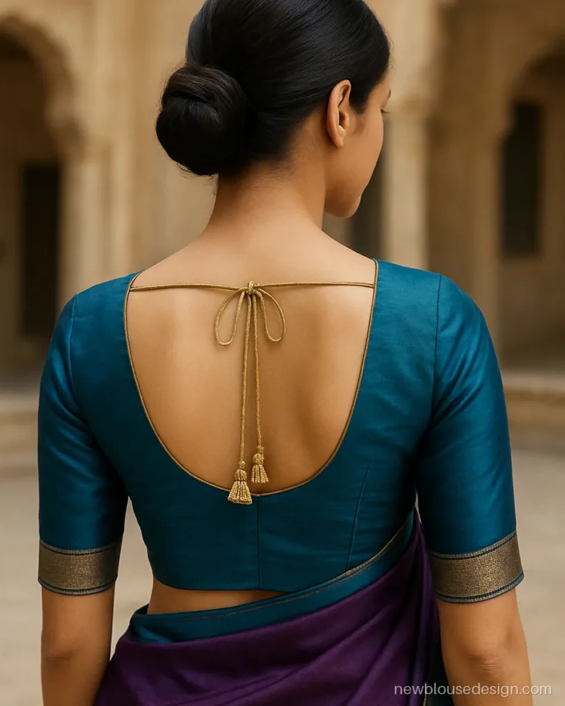 Peacock blue silk blouse with deep U back neck and a single gold dori