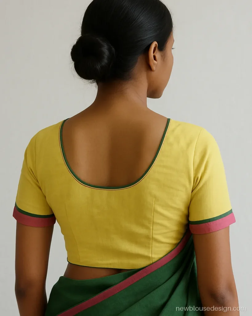 Lemon cotton blouse with round back neck finished in double green and pink piping