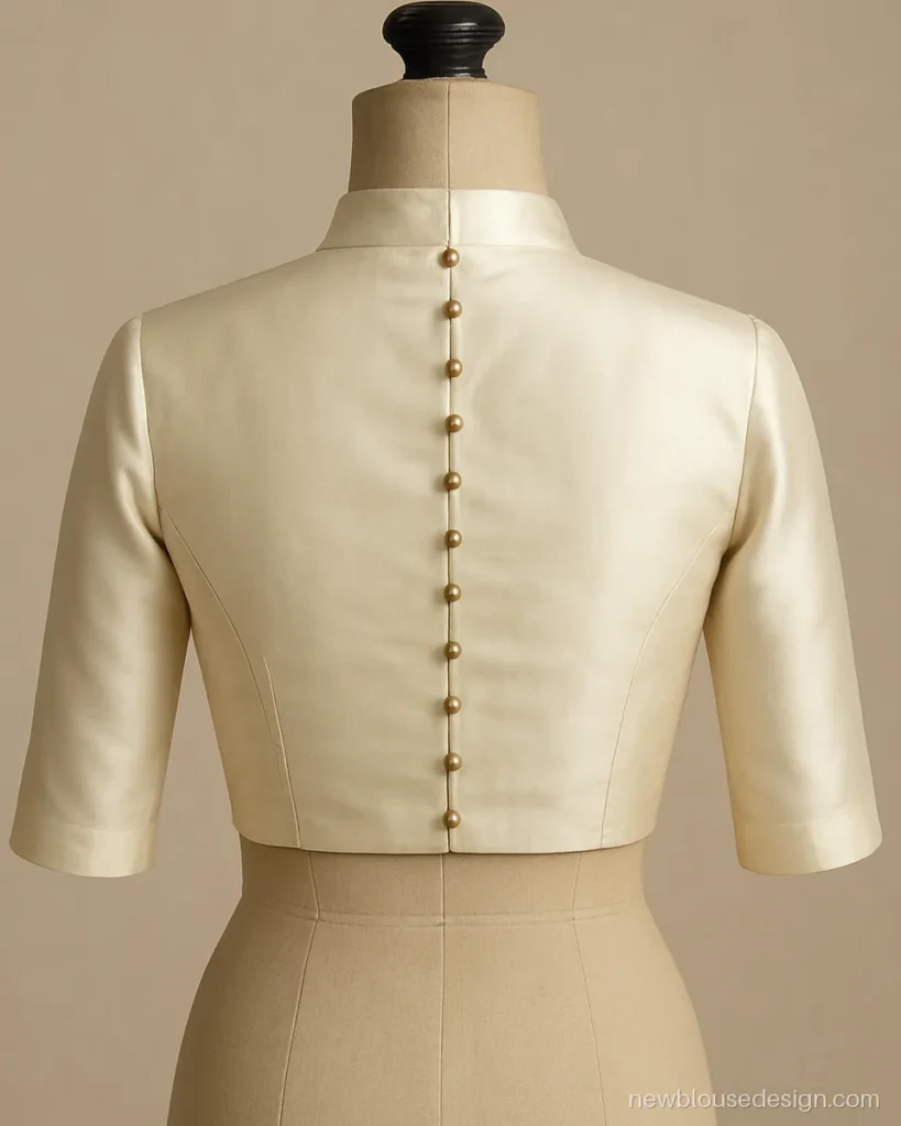 Full neck blouse design in ivory silk with a row of potli buttons at the back