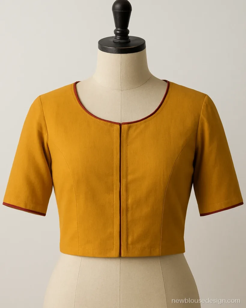 Gol gala blouse design in turmeric yellow cotton with thin red piping