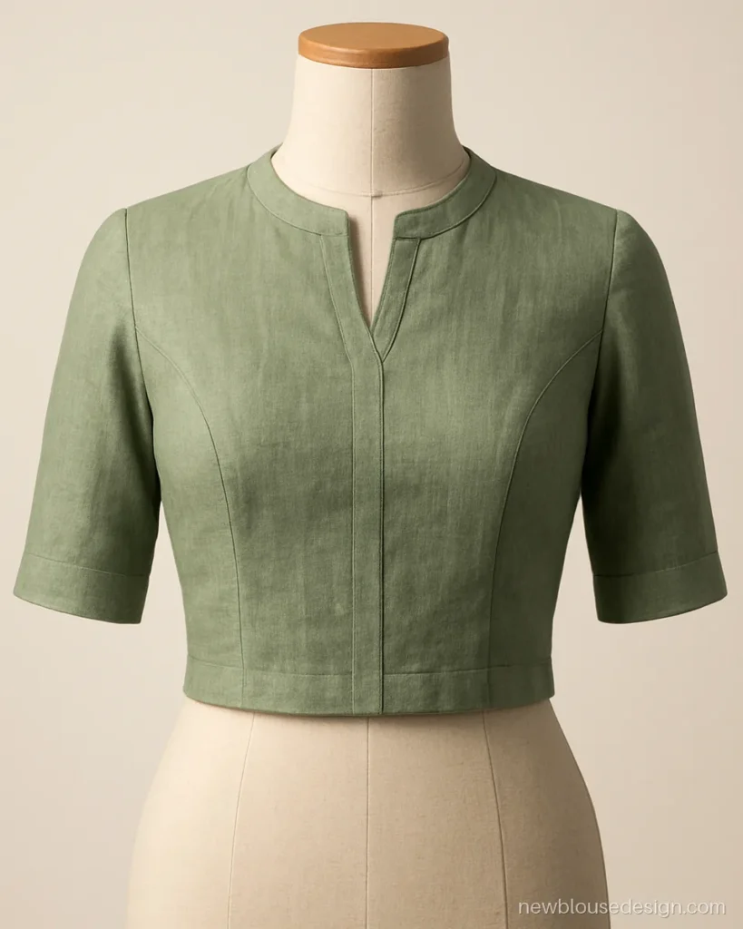 Sage green linen blouse with high round neck and a small V notch