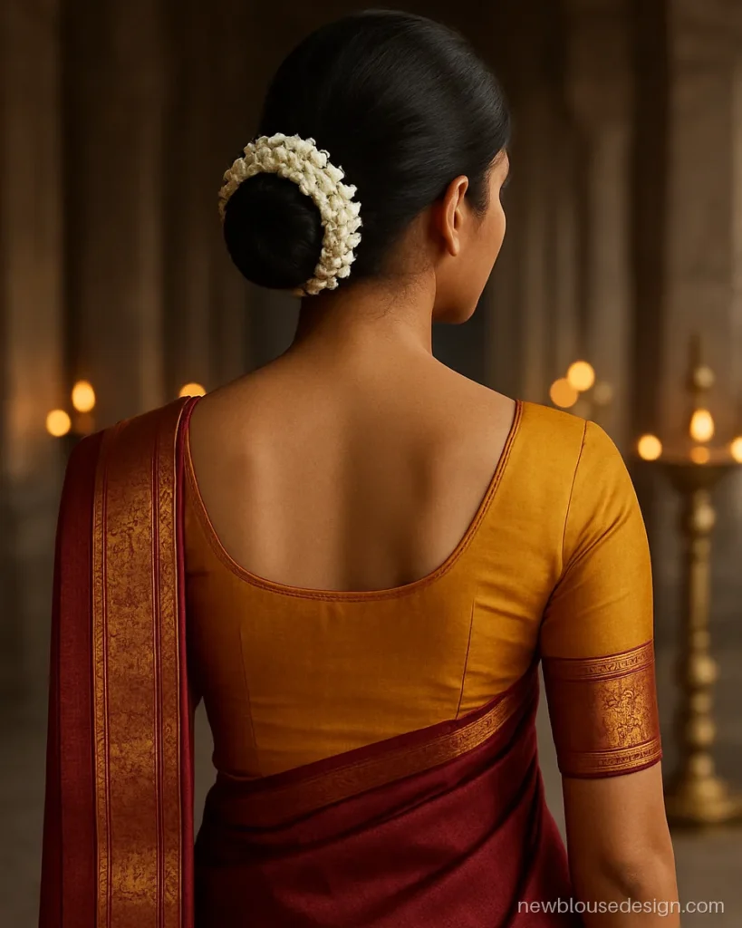 Mustard Kanjivaram silk blouse with U back framed by a temple border