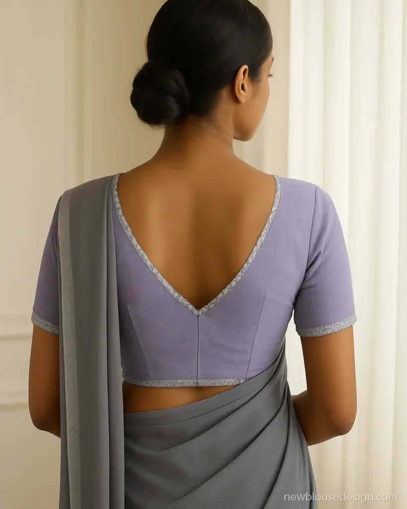 Lilac georgette blouse with V back neck edged in silver scalloped lace
