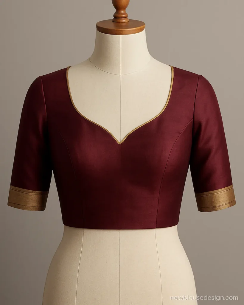 Lota gala blouse design in maroon silk, a pot shaped front neck with gold piping