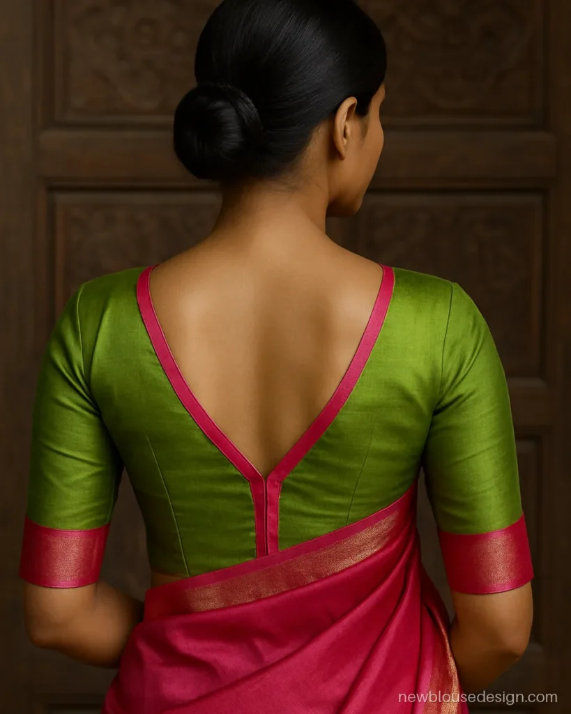 Paan neck blouse design in parrot green silk with a pink border outline