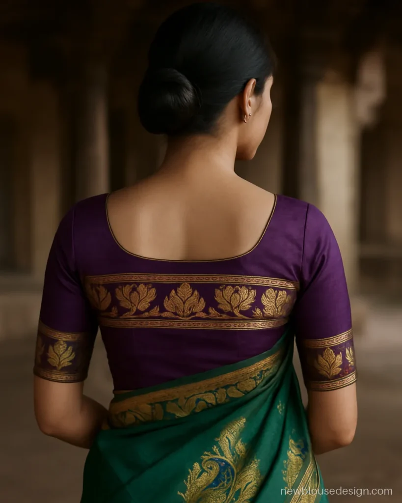 Purple silk blouse with boat back neck and Paithani peacock border panel