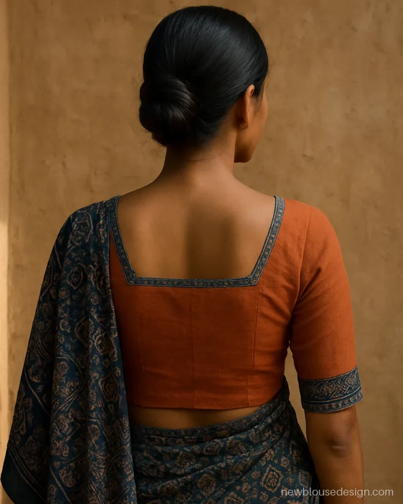 Square back gala in rust khadi with a block printed cotton border