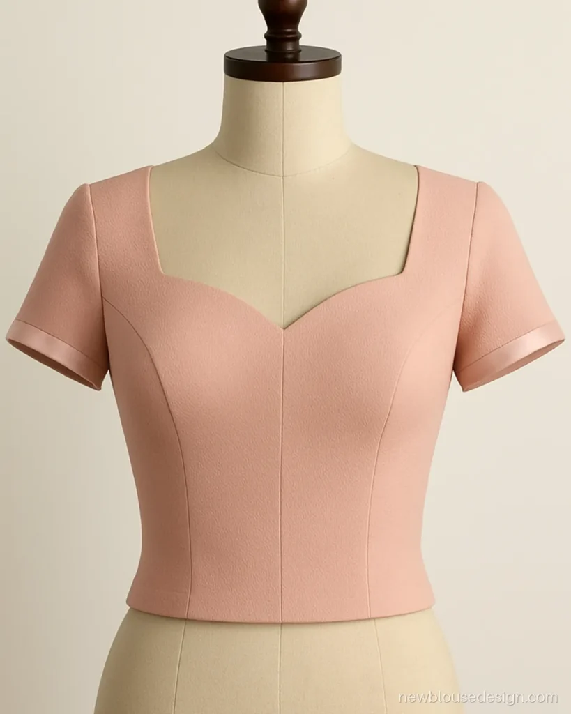 Blush pink crepe blouse front with a soft sweetheart gala and short sleeves