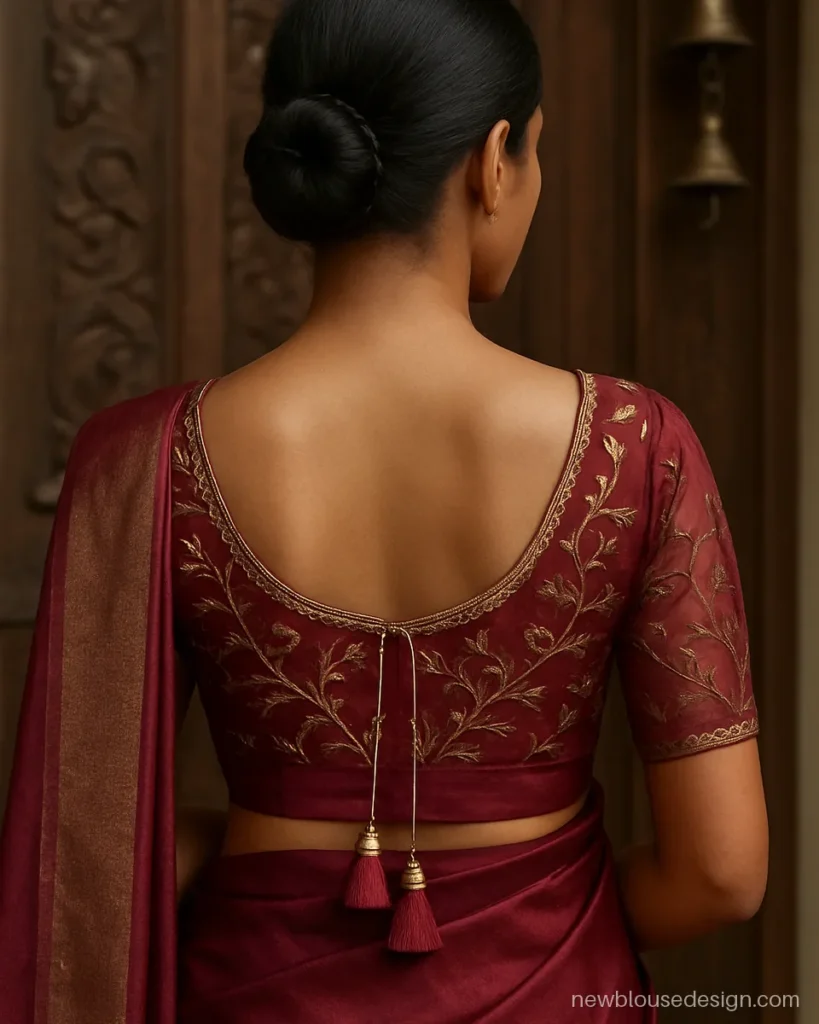 Wine net blouse back with aari zari creeper and a deep U neckline