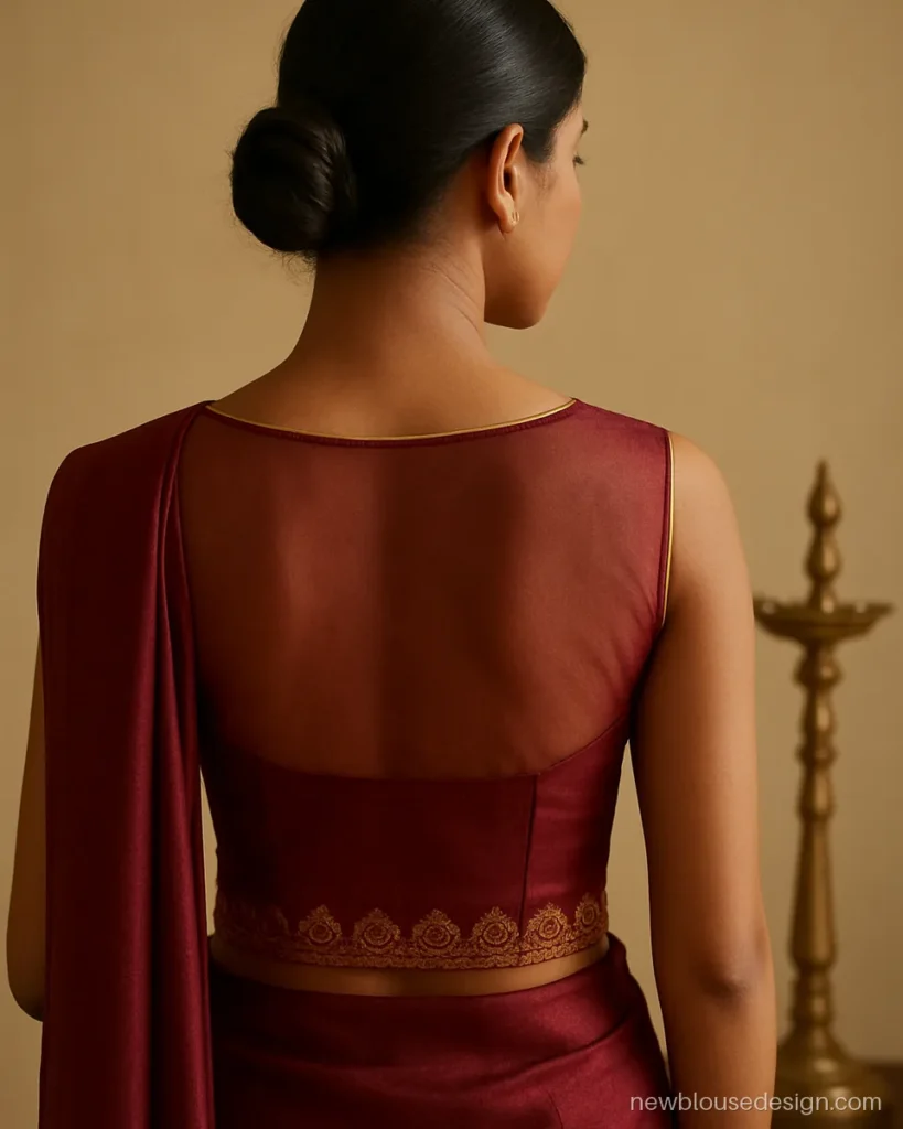Net blouse back design with full sheer panel over maroon silk and scalloped edge
