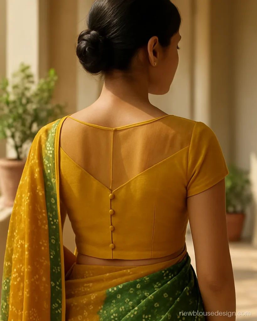 Mustard blouse back with V shaped net yoke and a line of covered buttons