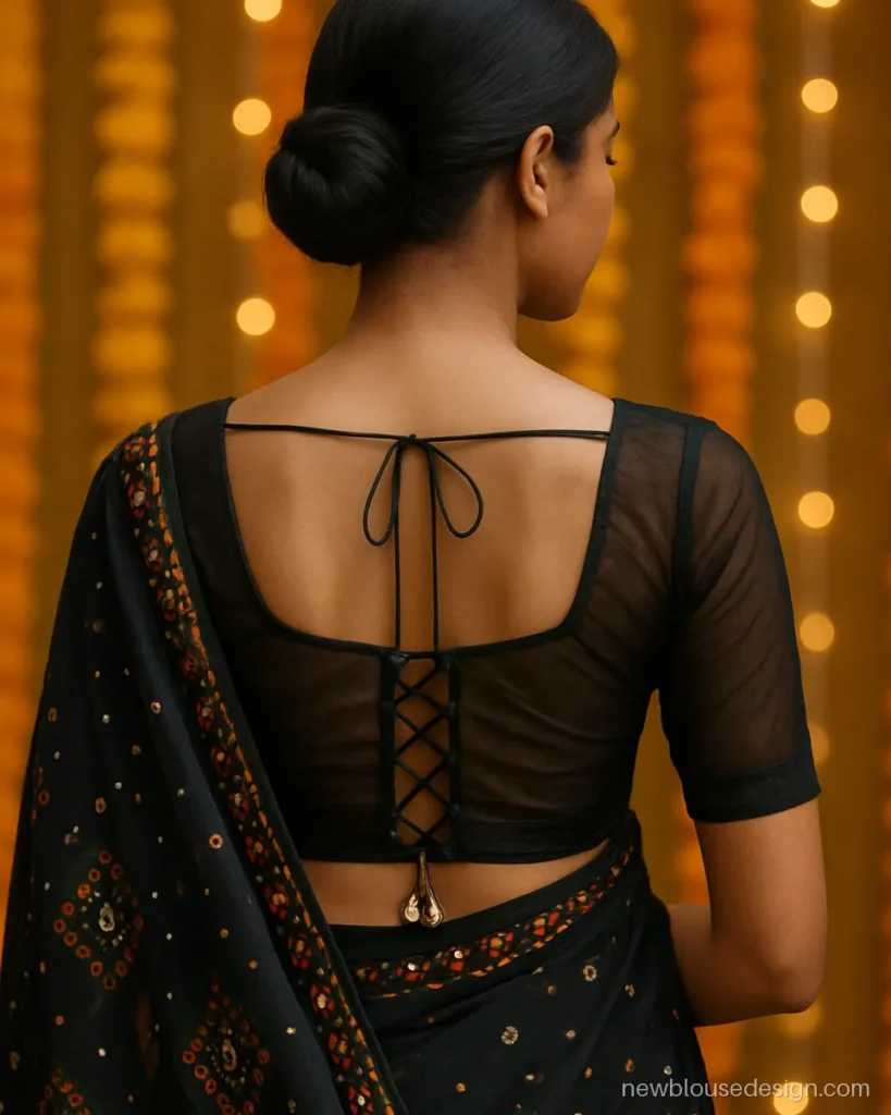 Black net blouse back with criss cross dori over sheer panel and latkans