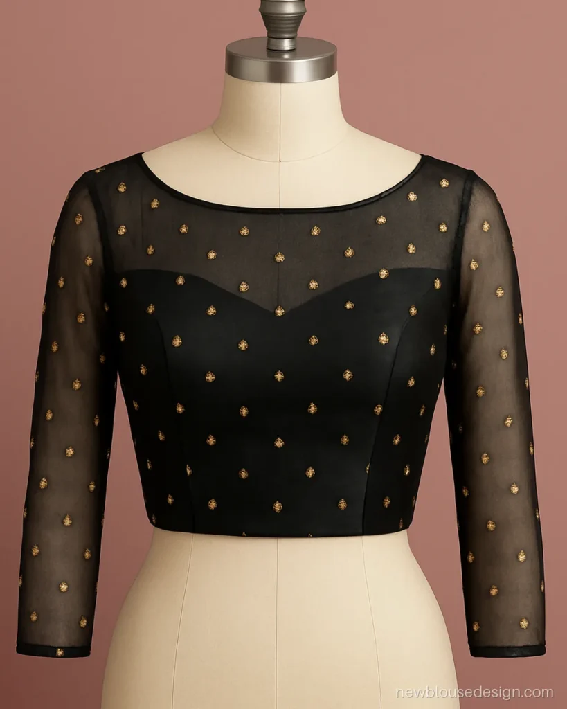 Black net blouse design back and front full sleeve with boat neck and zari