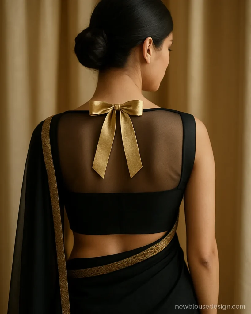 Back side net blouse design in black with sheer back and gold satin bow