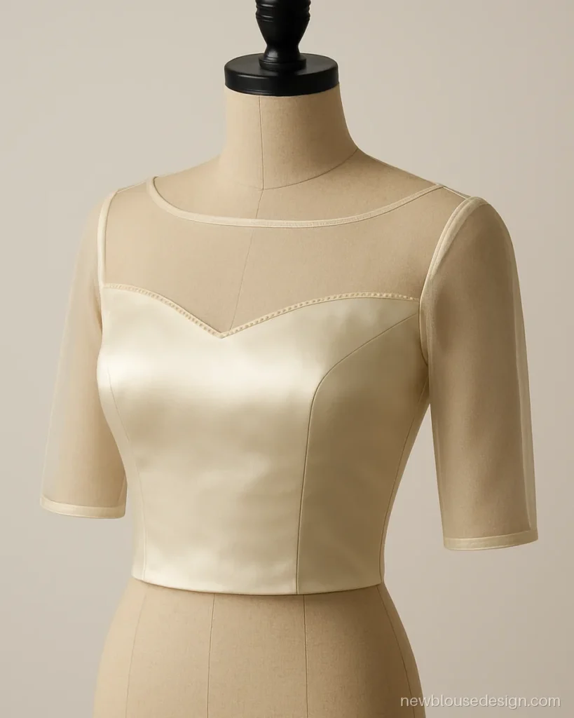 Ivory boat neck net blouse front with sheer yoke and pearl edging