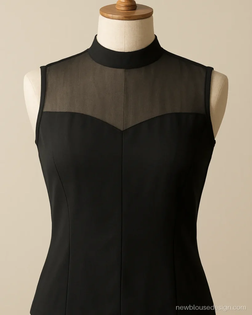 Black front net blouse design with high collar and solid princess cut panels