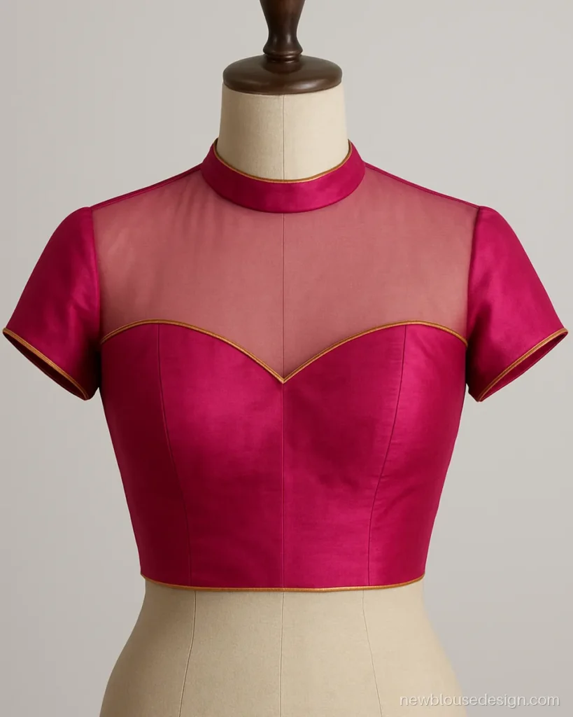Front net blouse design in rani pink with sweetheart base and net yoke