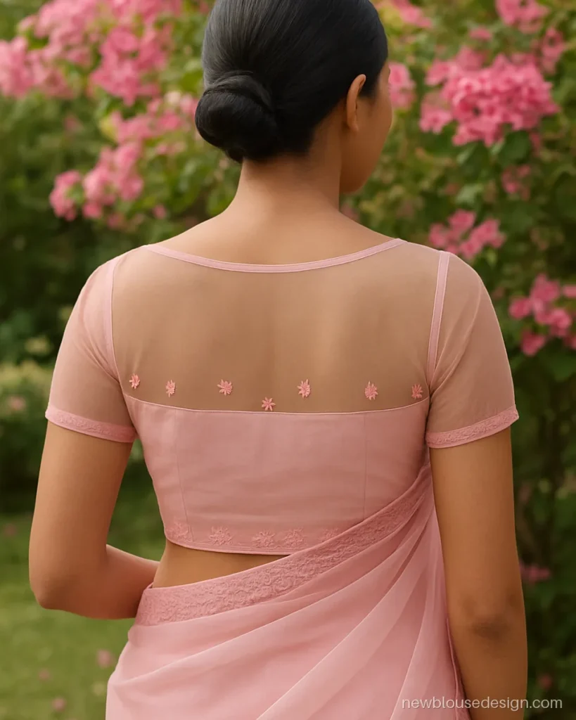 Net saree blouse design in baby pink with half lining and sheer upper back