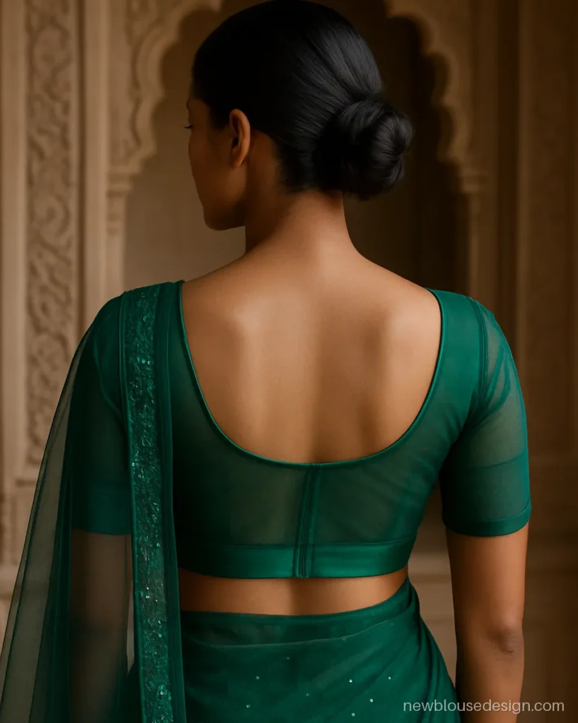 Net blouse design latest style with emerald scoop back and silk border band