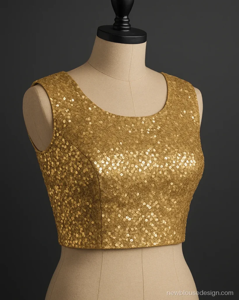 Gold sequin net blouse with allover shimmer and sleeveless round neck