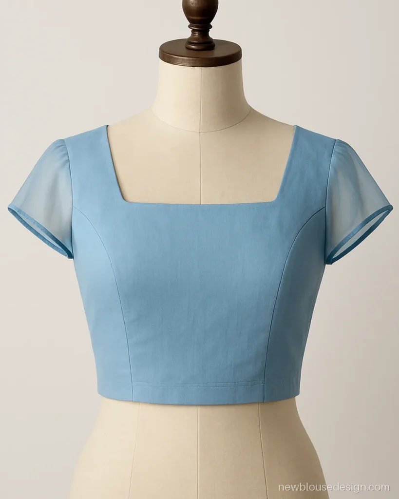 Sky blue cotton blouse with sheer net cap sleeves and square front neck