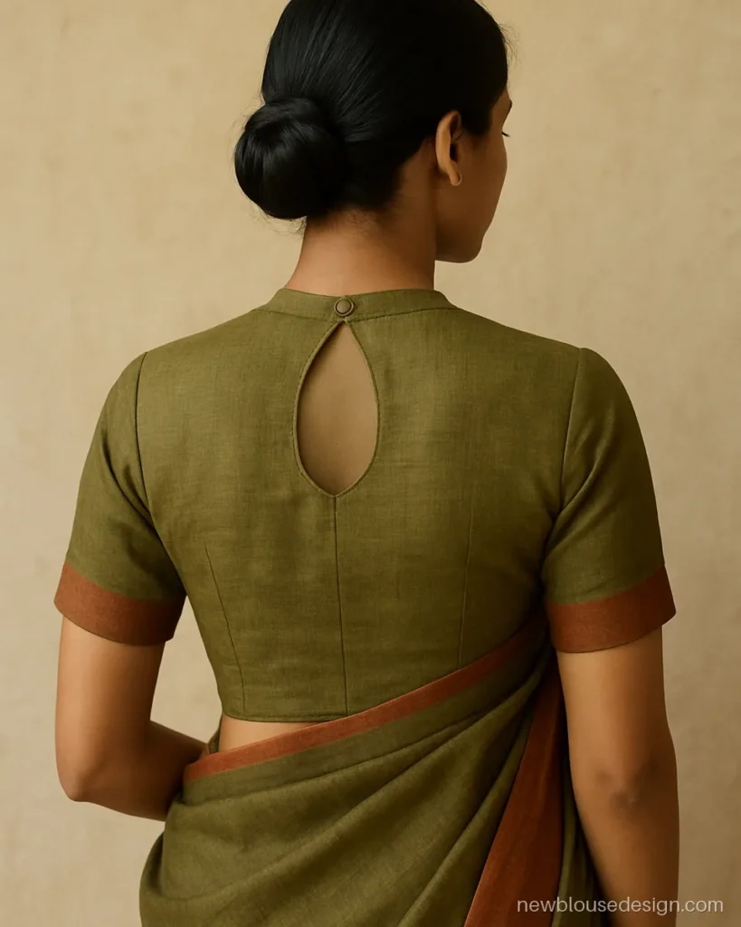 Olive green blouse back with small net keyhole and covered button