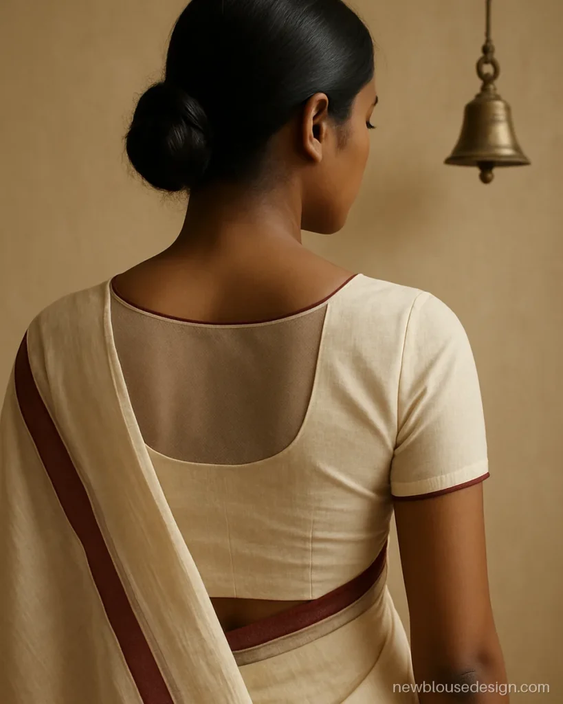 Simple net blouse back design with cream net round neck and thin piping