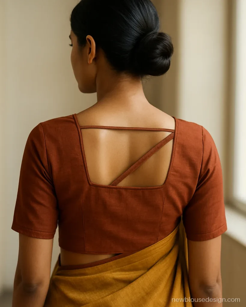 Rust cotton silk blouse back with one diagonal strap across a square opening