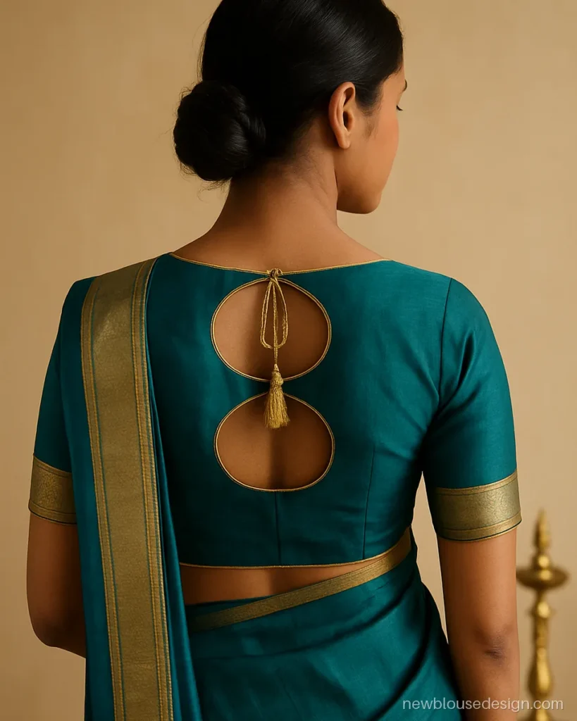 New blouse design back with two stacked loops and gold tassel dori in teal silk