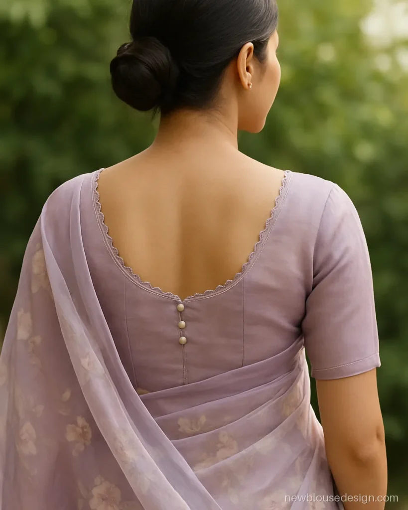 Lilac organza blouse with scalloped deep U back and tiny pearl buttons