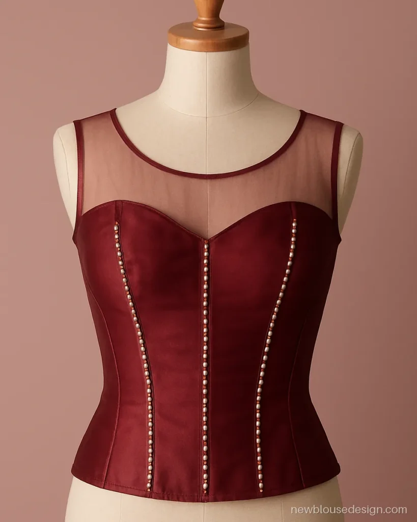 Maroon silk corset style blouse with vertical panels and pearl edging