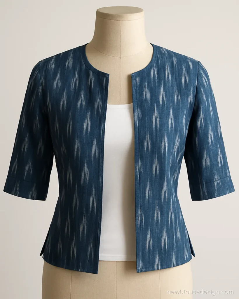 Indigo ikat crop jacket blouse with open front over a plain inner
