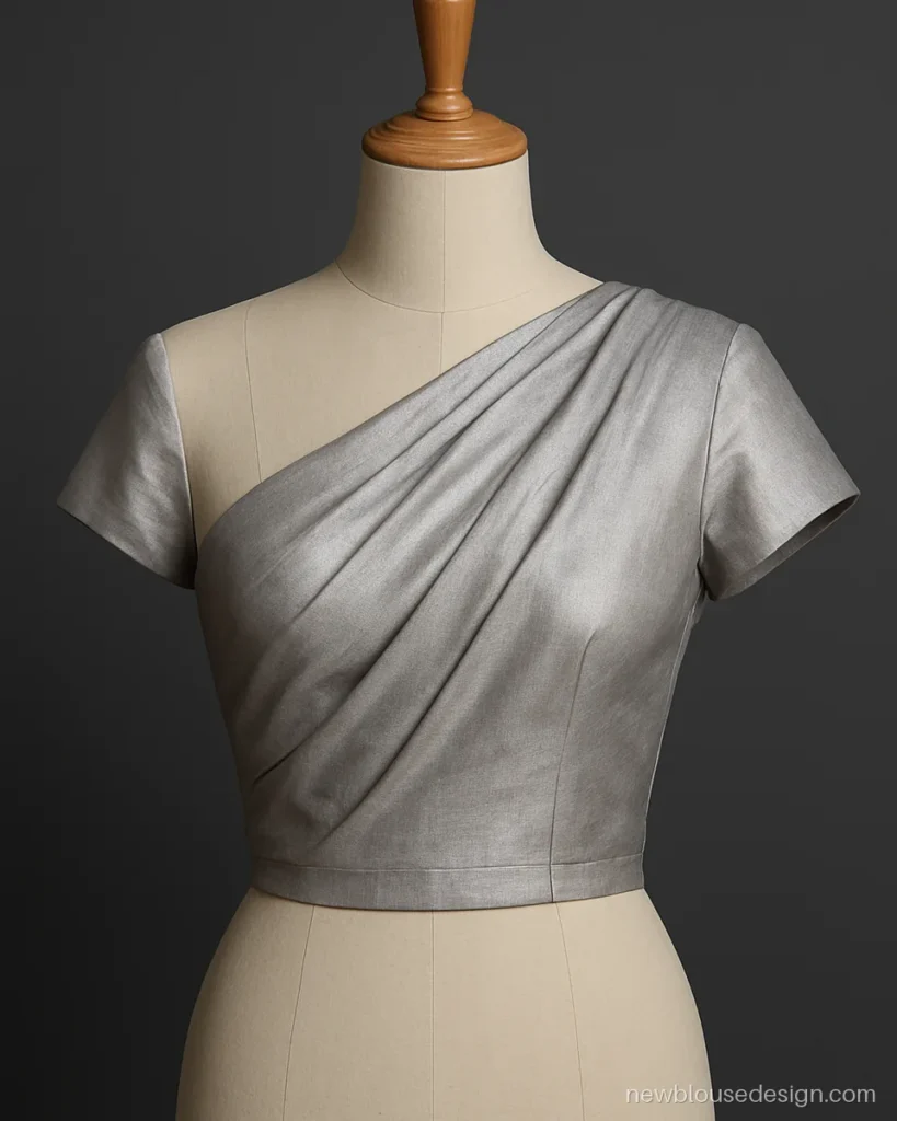 Silver tissue blouse with one shoulder drape and gathered fabric flowing to back