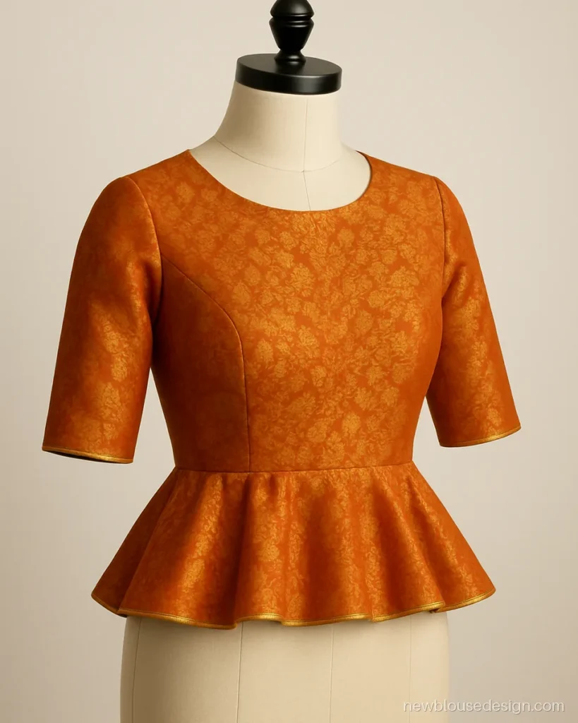 Saffron brocade peplum blouse ending in a short flare at the waist