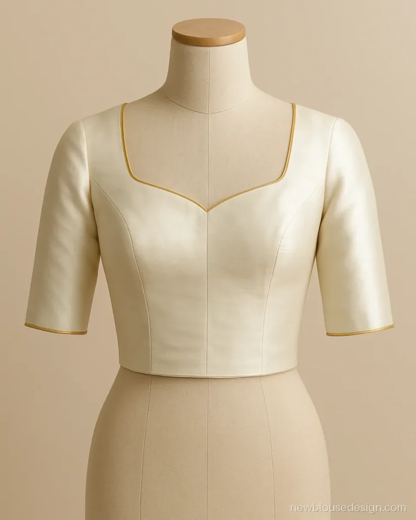 Ivory silk blouse front with angled square neck and fine zari piping