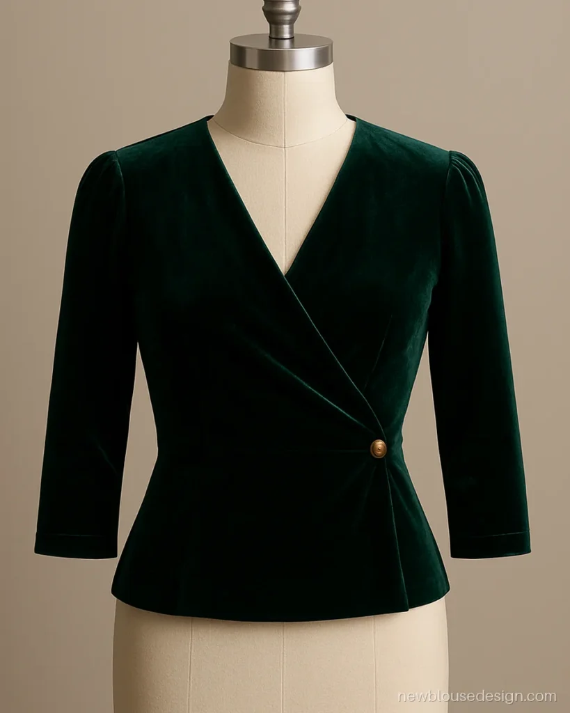 Emerald velvet blouse front with wrap style overlap neckline and side hook
